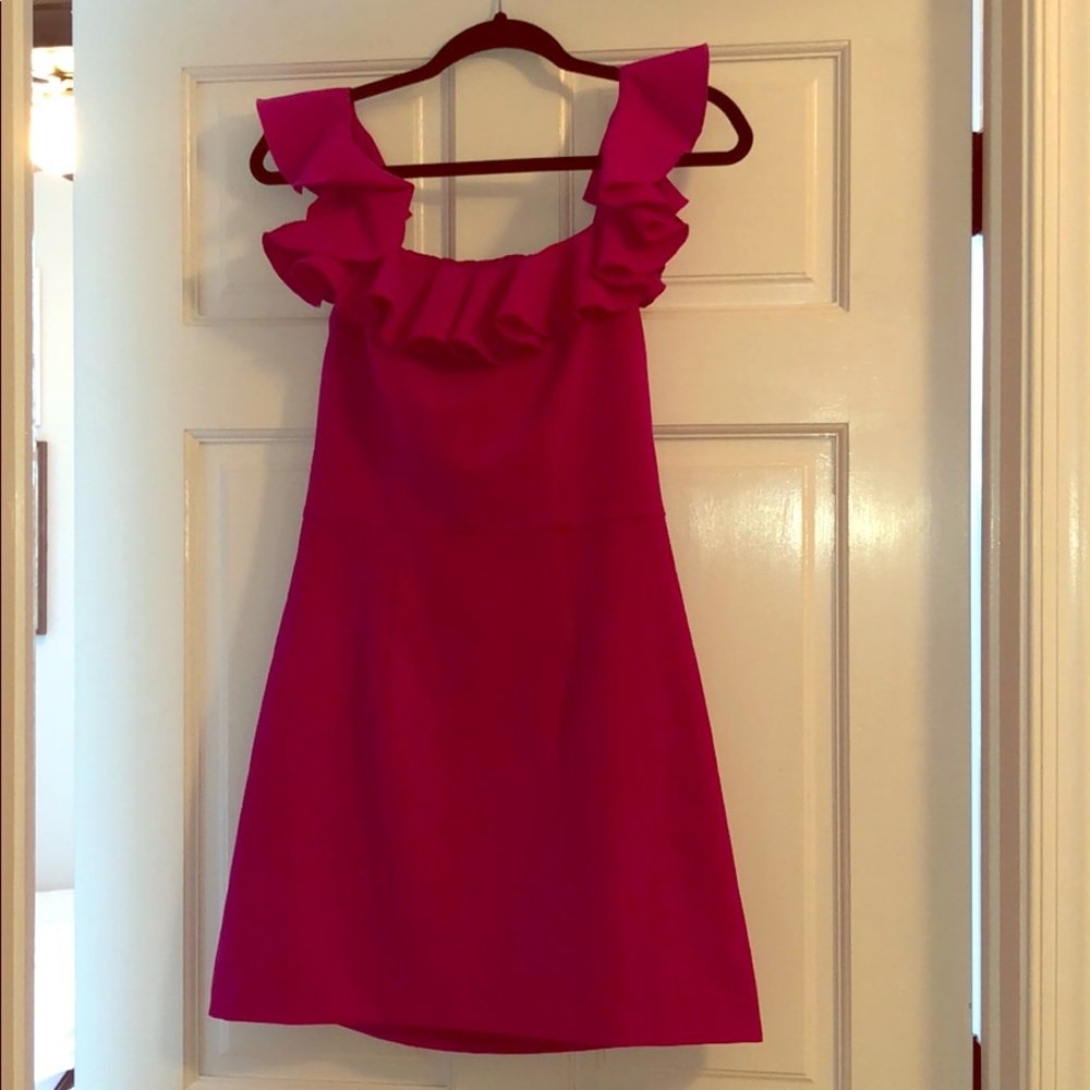 French Connection Magenta Ruffle Neck Dress